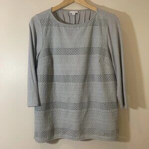 J Jill Top Womens Medium Gray Eyelet Embroidered Back Pleat Lined Coastal Boho